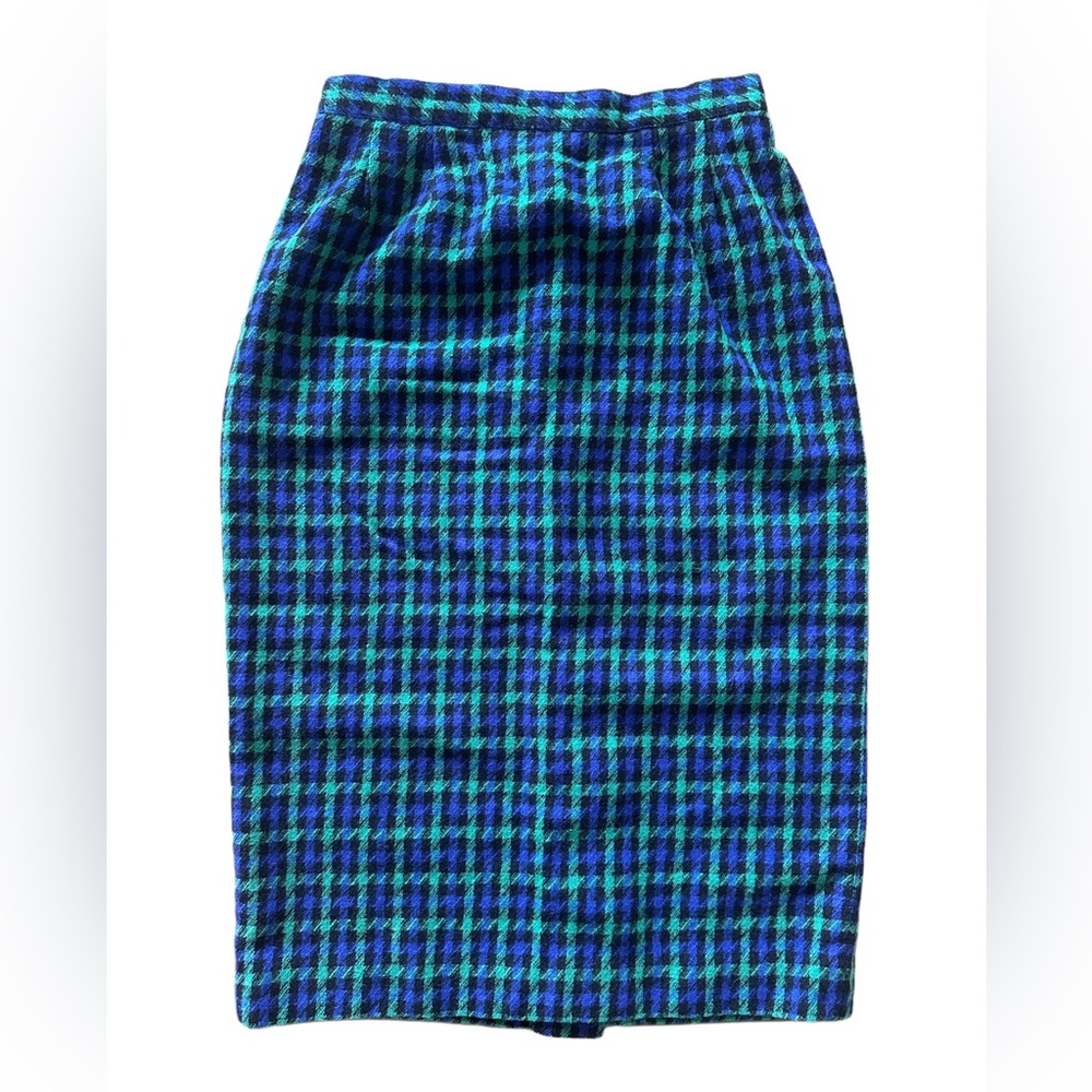 Vintage Plaid Pencil Skirt in Blue & Green